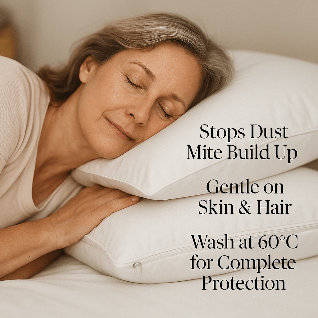 Woman sleeping comfortably on eucalyptus silk bedding, allergy-free with smooth skin and healthy hair, protected from dust mites and allergens.