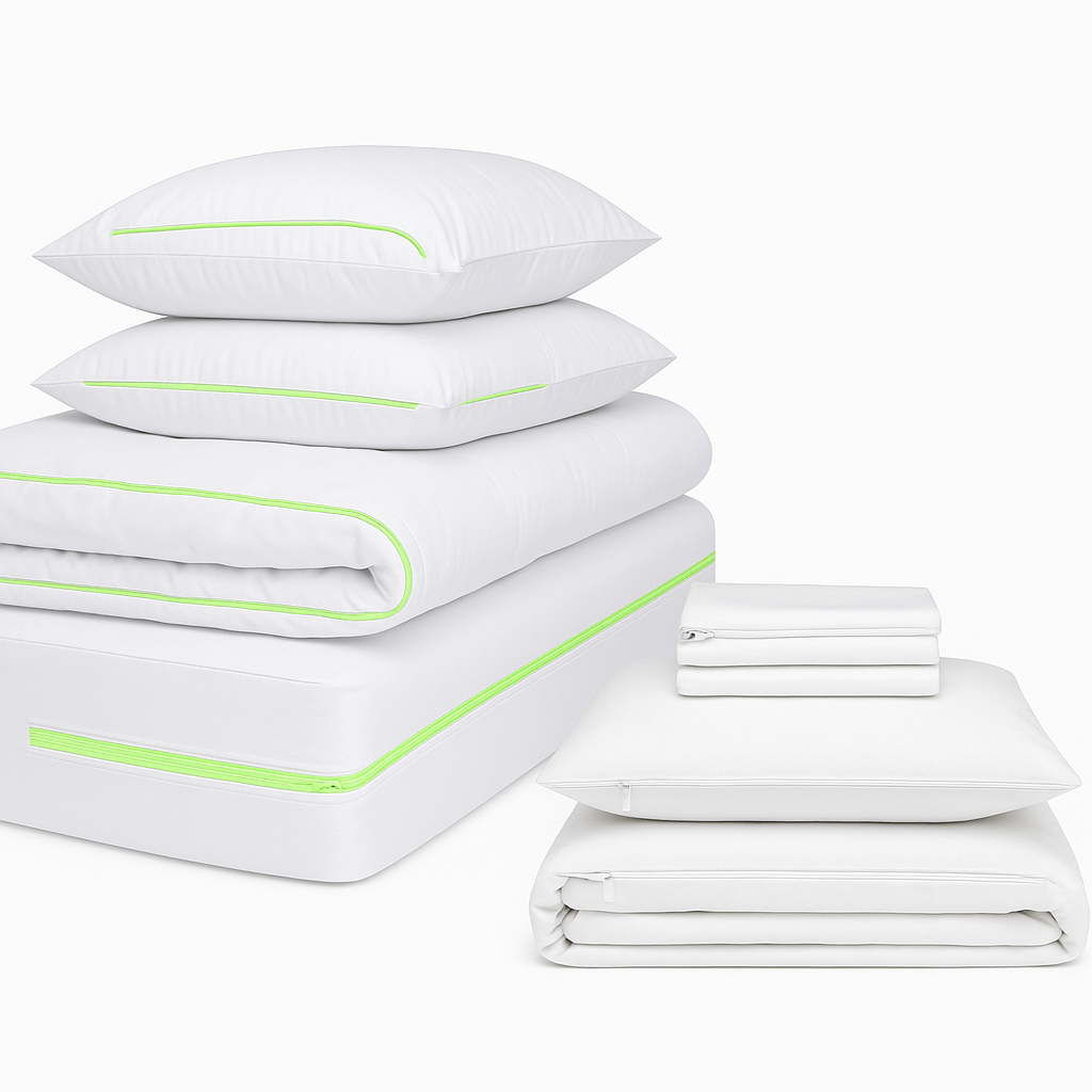 Anti-dust mite bedding set with white zip duvet cover, fitted sheet, pillowcases, and green zip mattress, duvet, and pillow encasements for complete allergy protection