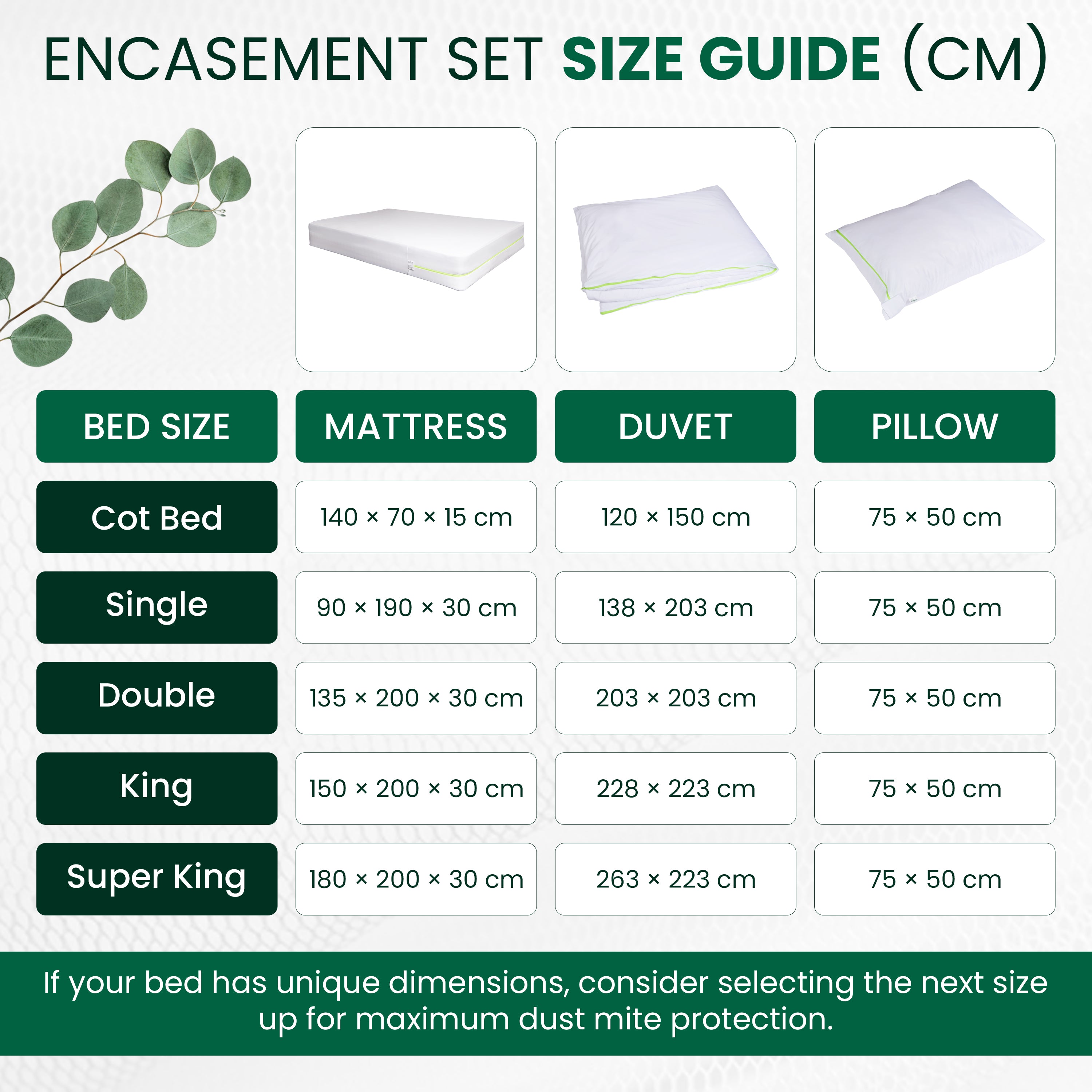 mattress duvet and pillow protector sizes in CM for cot bed, single bed, double bed, king bed and super king bed