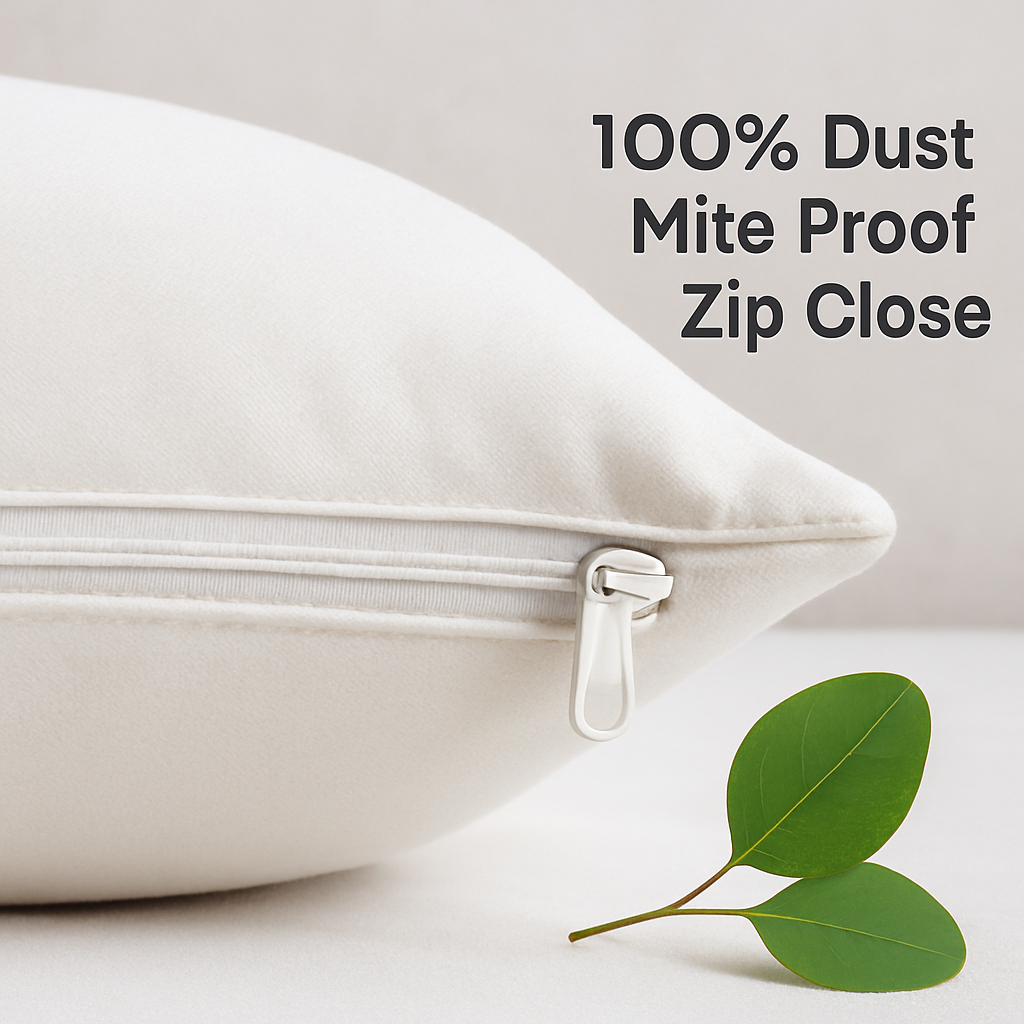 Close-up of dust mite proof zip closure on eucalyptus silk pillowcase, showing 100% barrier protection against dust mites and allergens.
