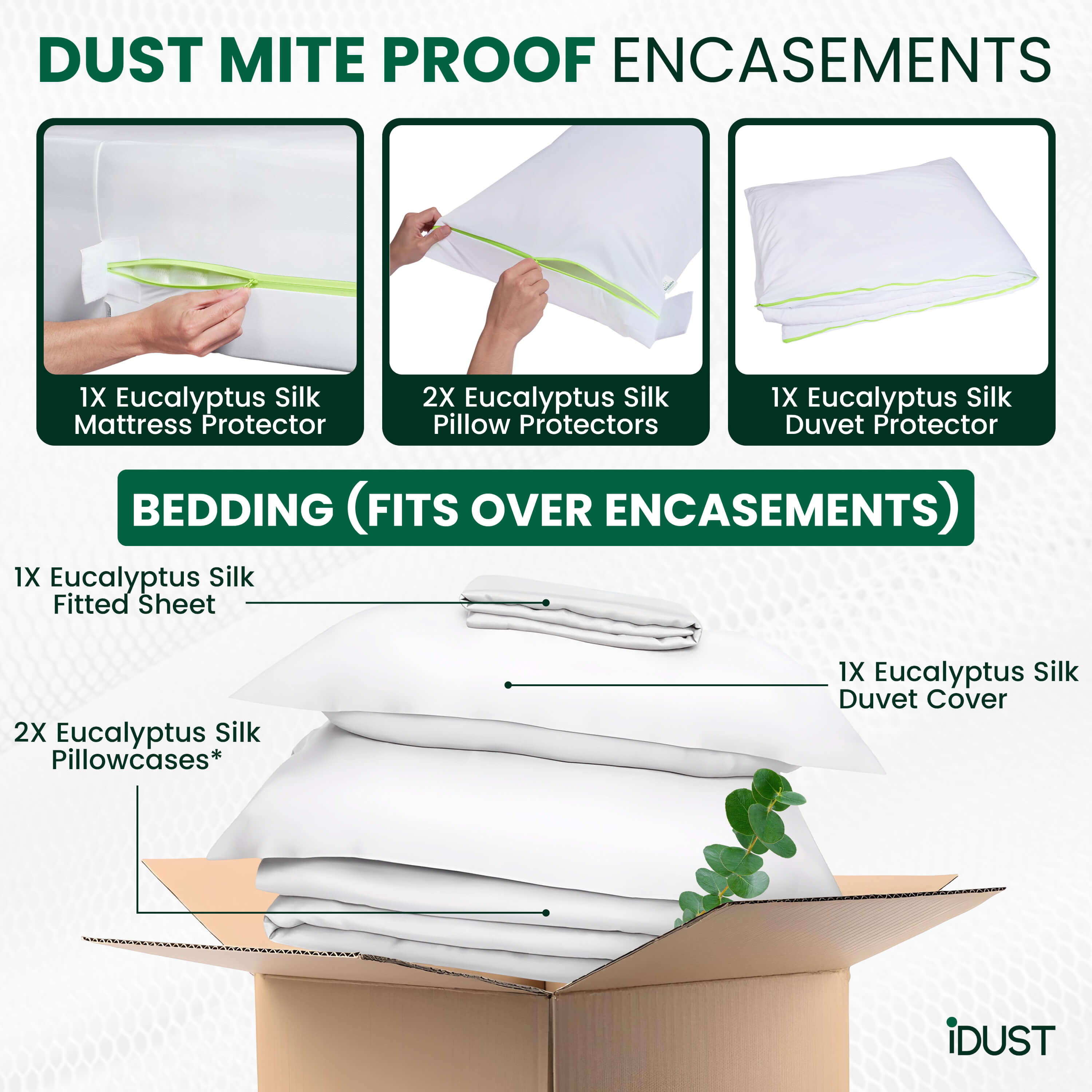 Full range of iDustMite luxury anti-dust-mite bedding including mattress, pillow, and duvet protectors made from soft Eucalyptus Silk fabric.