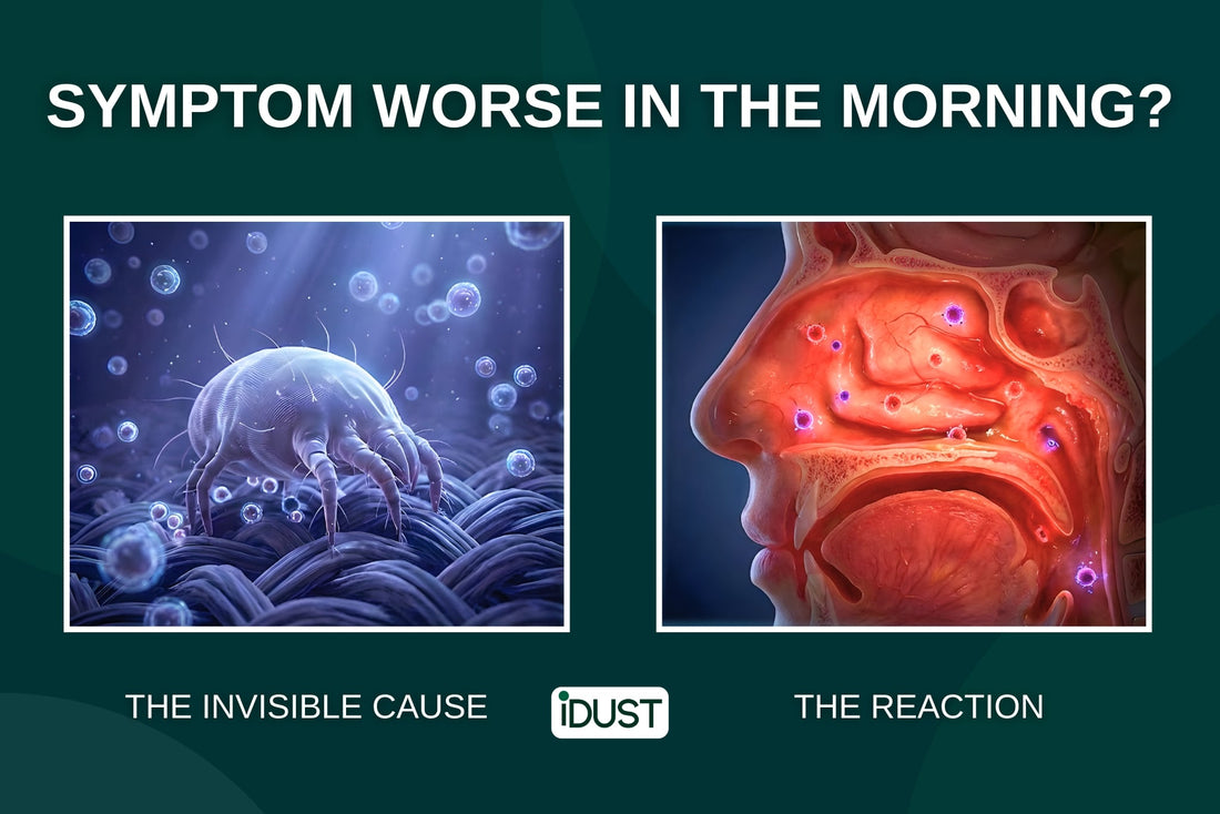 Microscopic dust mite and inflamed nasal passage infographic illustrating the invisible cause of allergies, featured in the 6 Best Ways to Get Rid of Dust Mites in 2026 (The Scientific Guide).