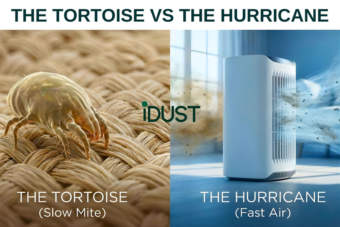Conceptual illustration showing a slow-moving dust mite versus a fast-moving air purifier creating turbulence, illustrating incorrect placement.