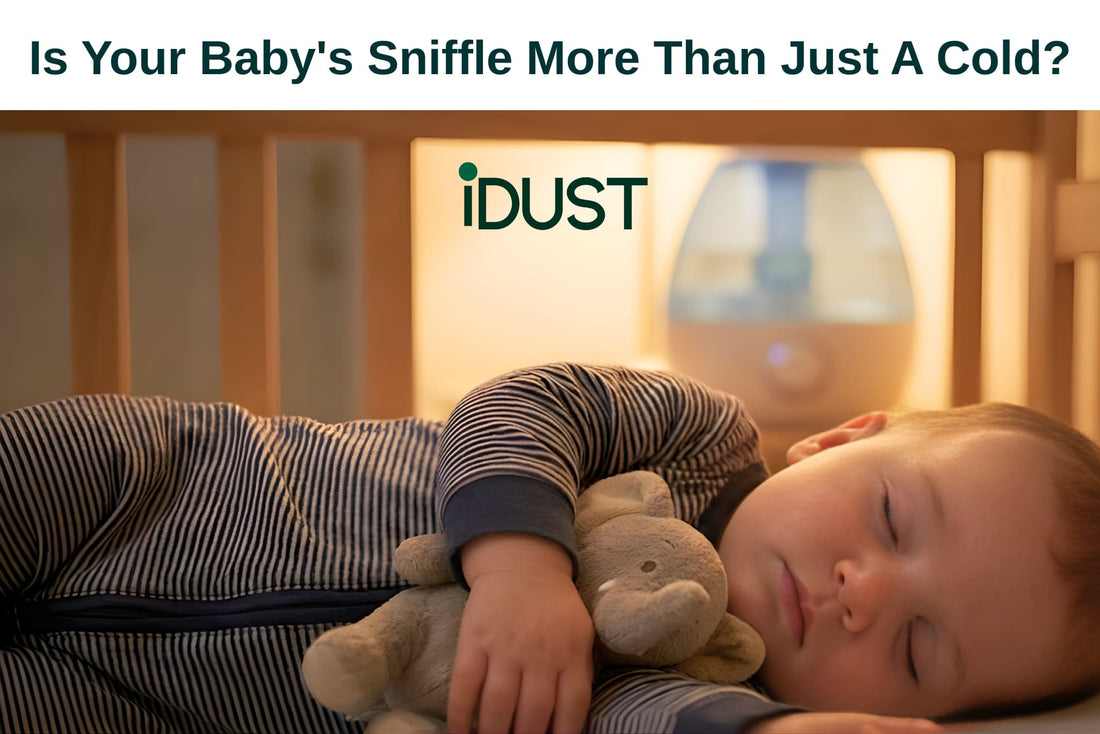 Congested baby sleeping in a crib with stuffed toys, showing signs of dust mite allergy symptoms.