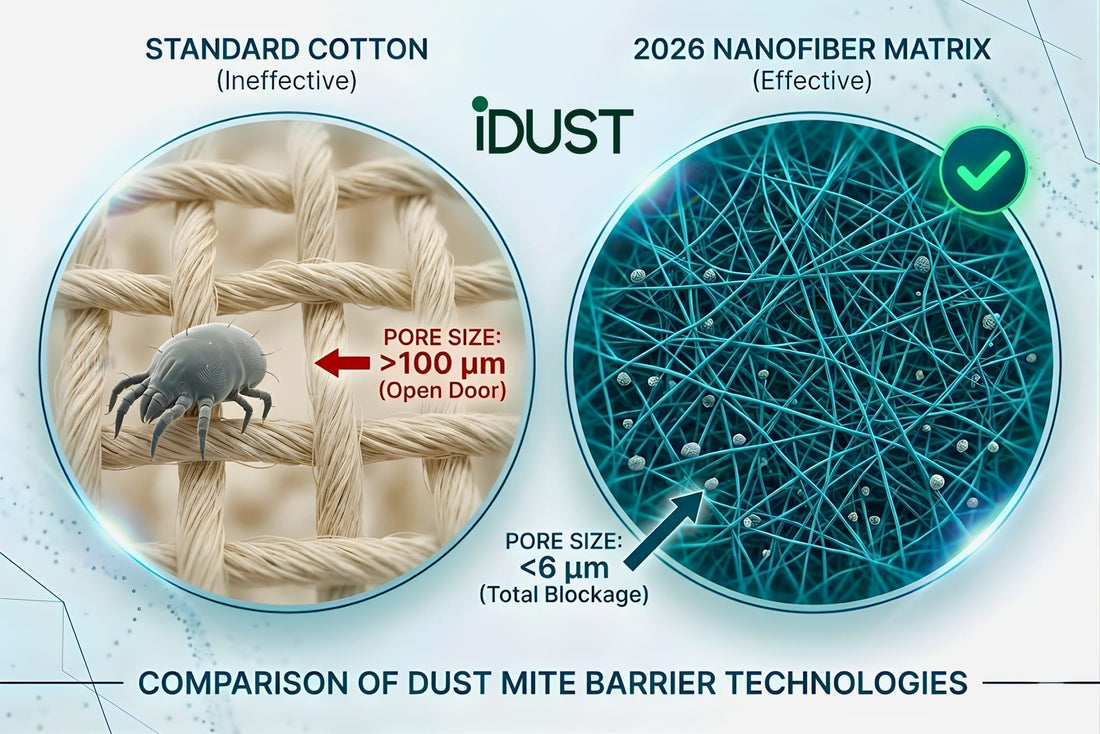 Conceptual illustration of a mattress showing how dust mite covers work: a specialized 2026 nanofiber barrier filters the air to block allergens and stop the 'Bellows Effect' while you sleep.