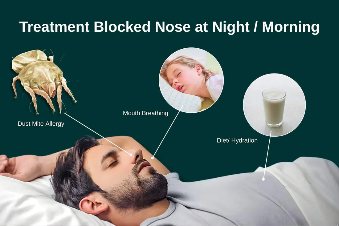 Blocked nose at night lying down: Illustration showing how dust mite allergens in pillows and gravity cause nasal congestion during sleep.