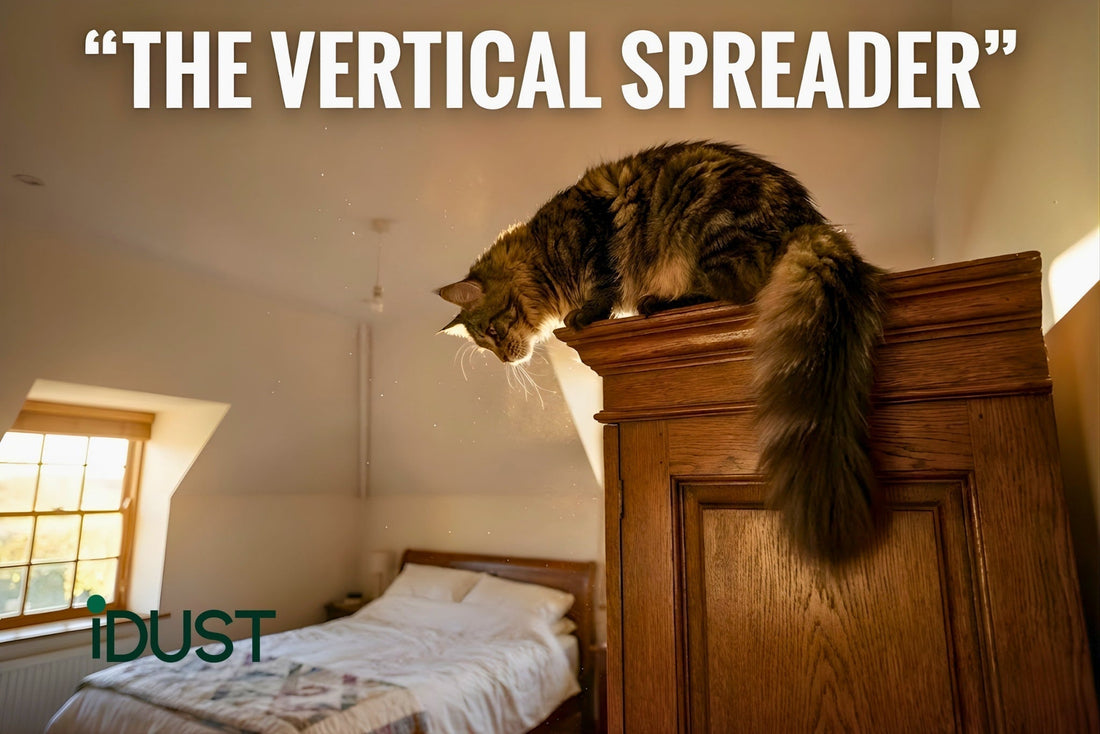 Cat sitting on high furniture, illustrating how feline dander spreads vertically to feed dust mites.