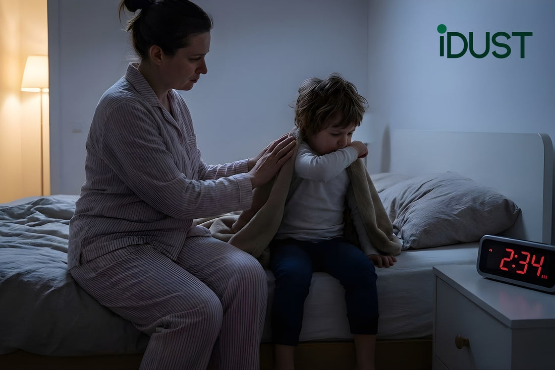 A tired parent comforting a coughing toddler in a dimly lit bedroom at night.