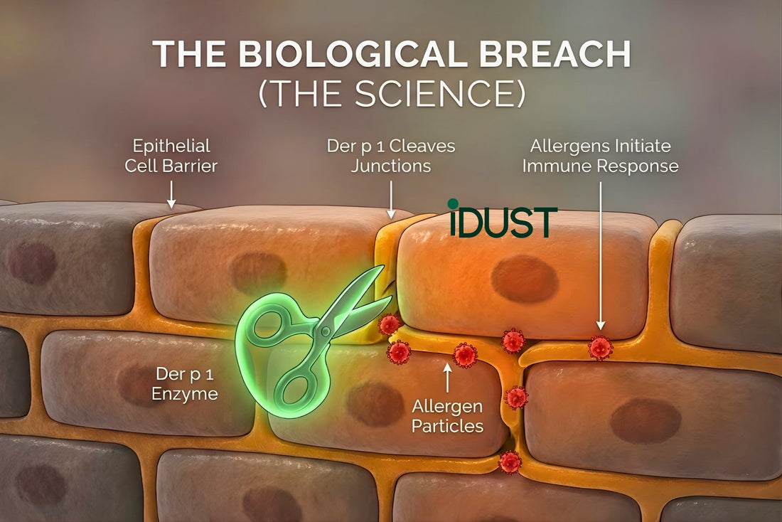 Diagram showing how dust mite enzyme Der p 1 dissolves lung tissue tight junctions to cause allergic reactions.