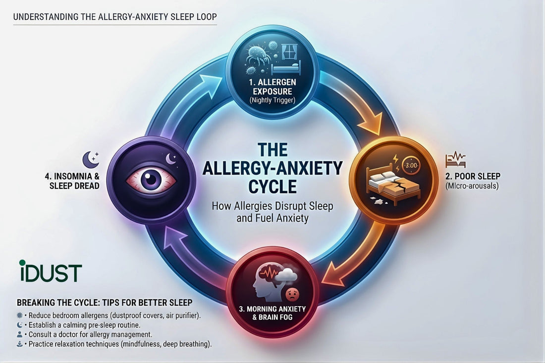 A flowchart illustrating the cycle of anxiety and sleep deprivation caused by untreated dust mite allergies.