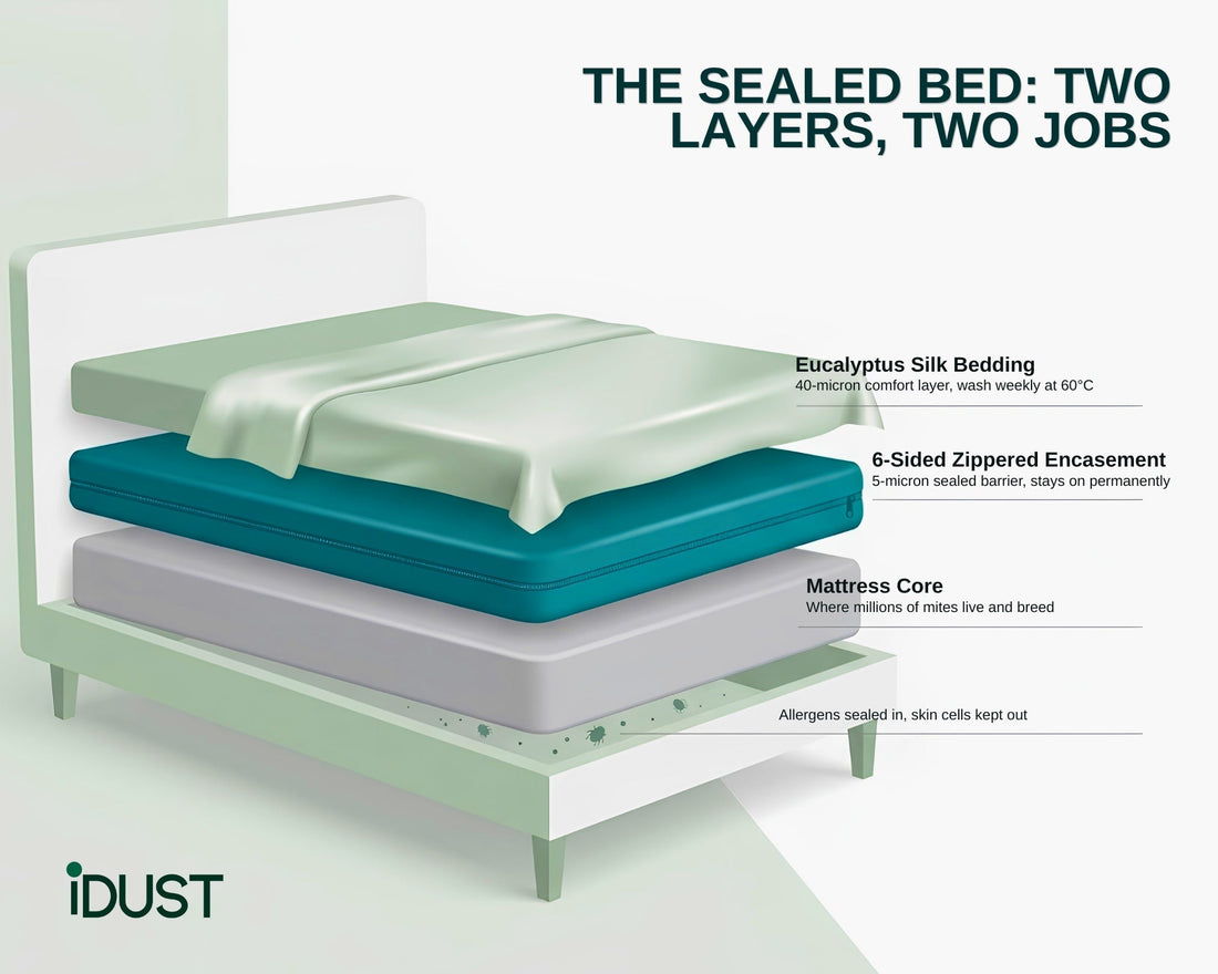 Bed cross-section showing 5-micron dust mite encasement sealing the mattress and 40-micron eucalyptus silk bedding on top