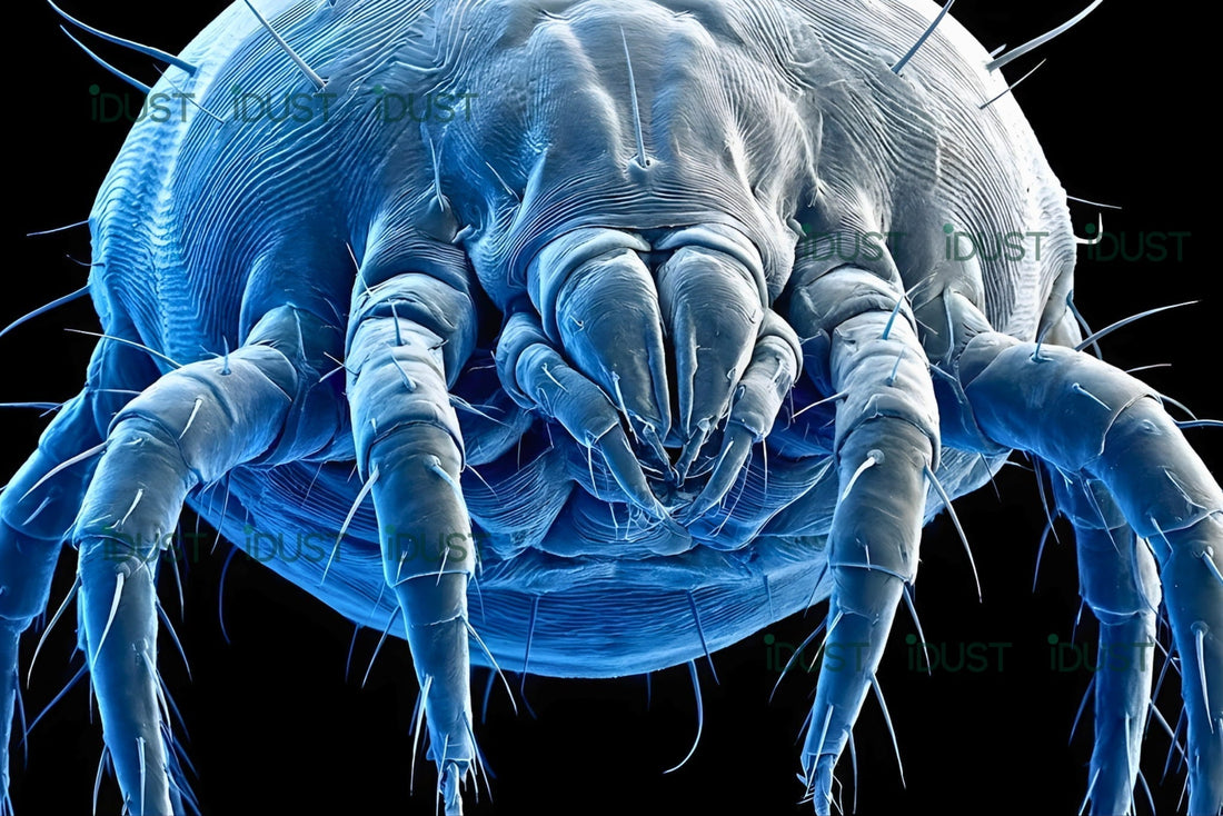 Extreme close-up scanning electron micrograph of a dust mite face, showing its translucent body and lack of eyes.