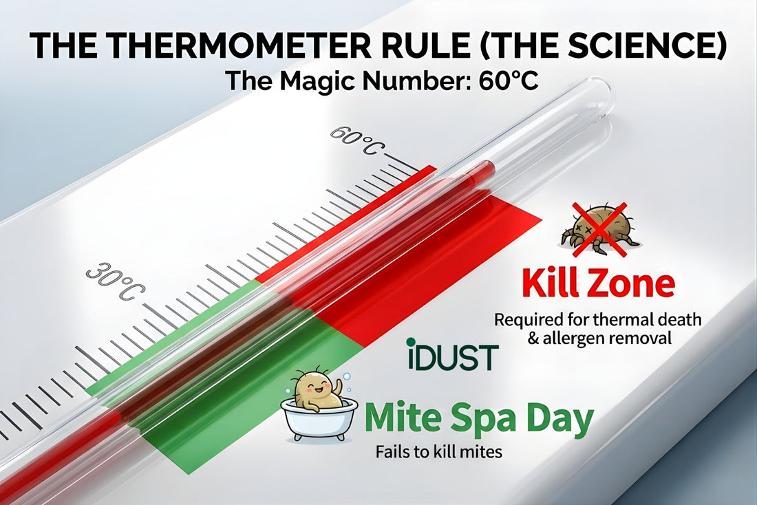 A thermometer infographic showing that washing at 30 degrees fails to kill mites, while 60 degrees Celsius is required for thermal death and allergen removal.