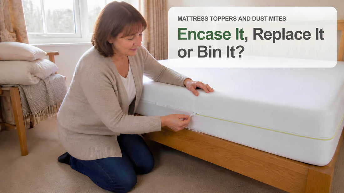 Woman zipping a dust mite mattress cover closed to seal her mattress on all 6 sides