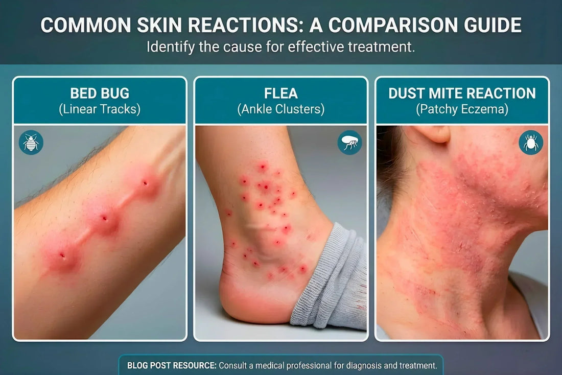 Side-by-side comparison of bed bug bites in a linear track pattern, flea bites clustered around the ankle, and a dust mite allergic skin reaction showing patchy eczema on the neck.