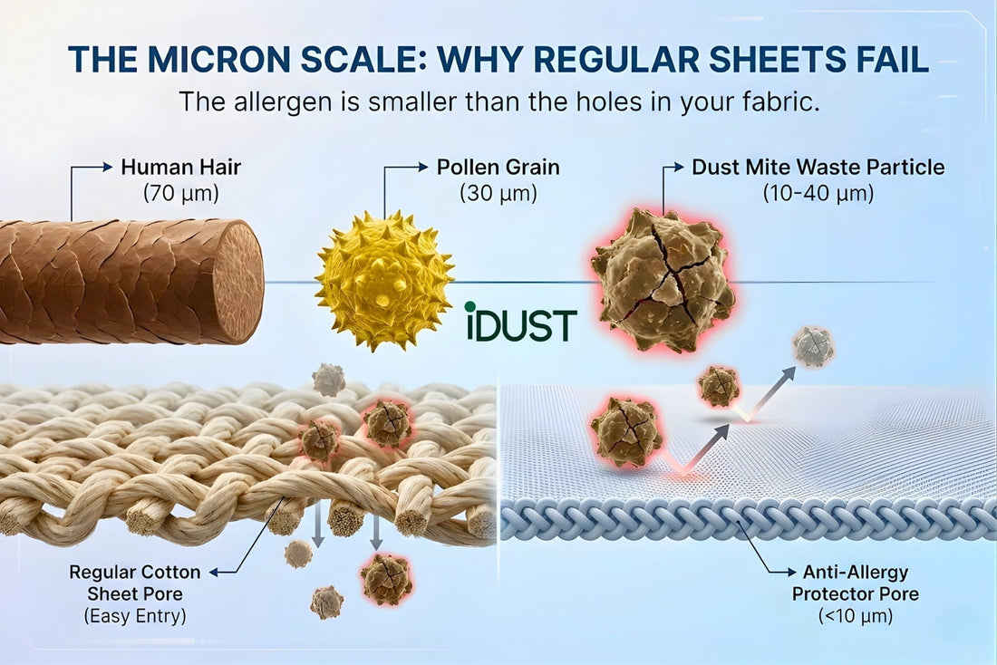 Infographic comparison chart showing the size of human hair, pollen, and dust mite allergen waste particles in microns relative to mattress protector pore sizes.