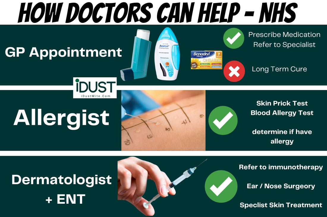 NHS GP appointment for dust mite allergy referral to ENT or Dermatology in the UK