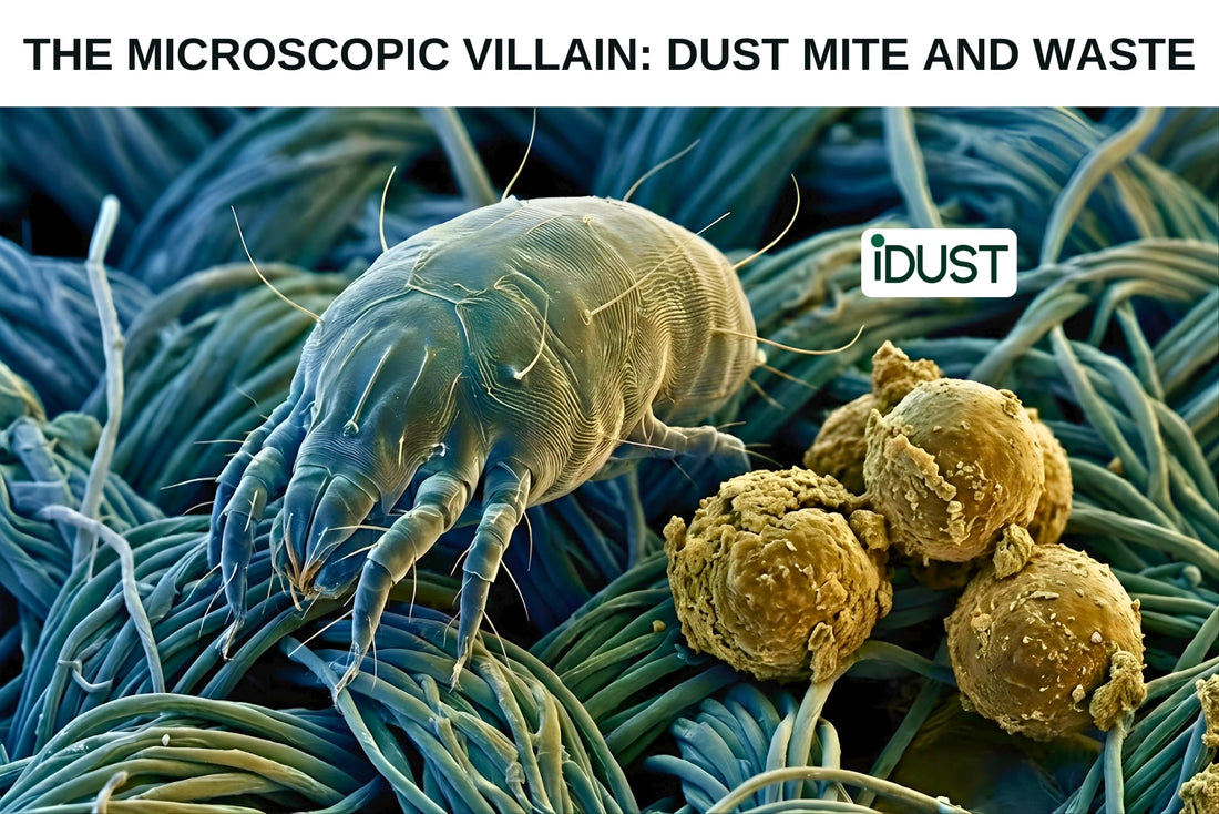 A microscopic view showing a Dermatophagoides pteronyssinus dust mite next to several separate fecal pellets, illustrating that the poop, containing the Der p 1 enzyme, is the primary allergen source rather than just the mite itself.
