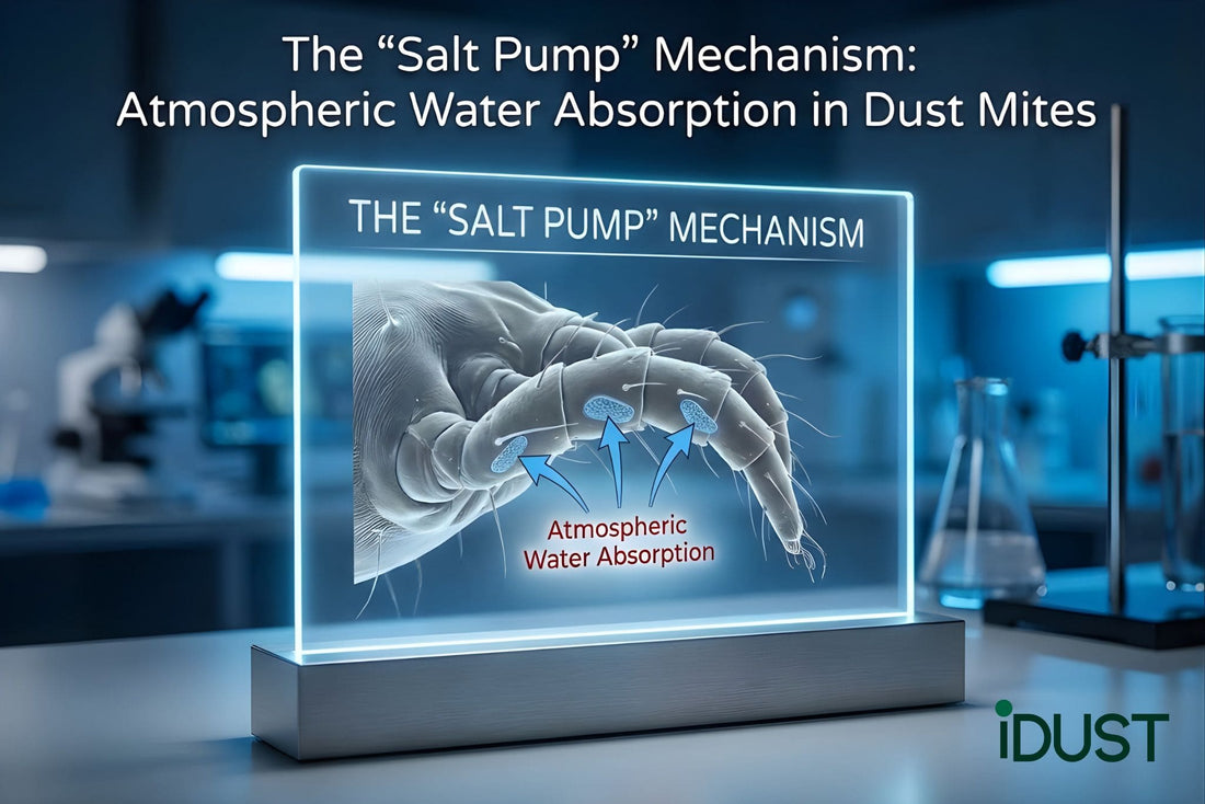 Scientific diagram showing how dust mites absorb moisture from the air using supracoxal glands, illustrating why they need high humidity to survive