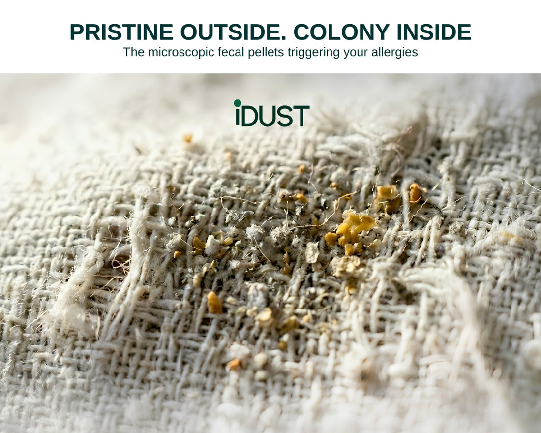 Macro close-up of house dust mites, eggs and yellow-brown fecal pellet allergens in pillowcase fibres