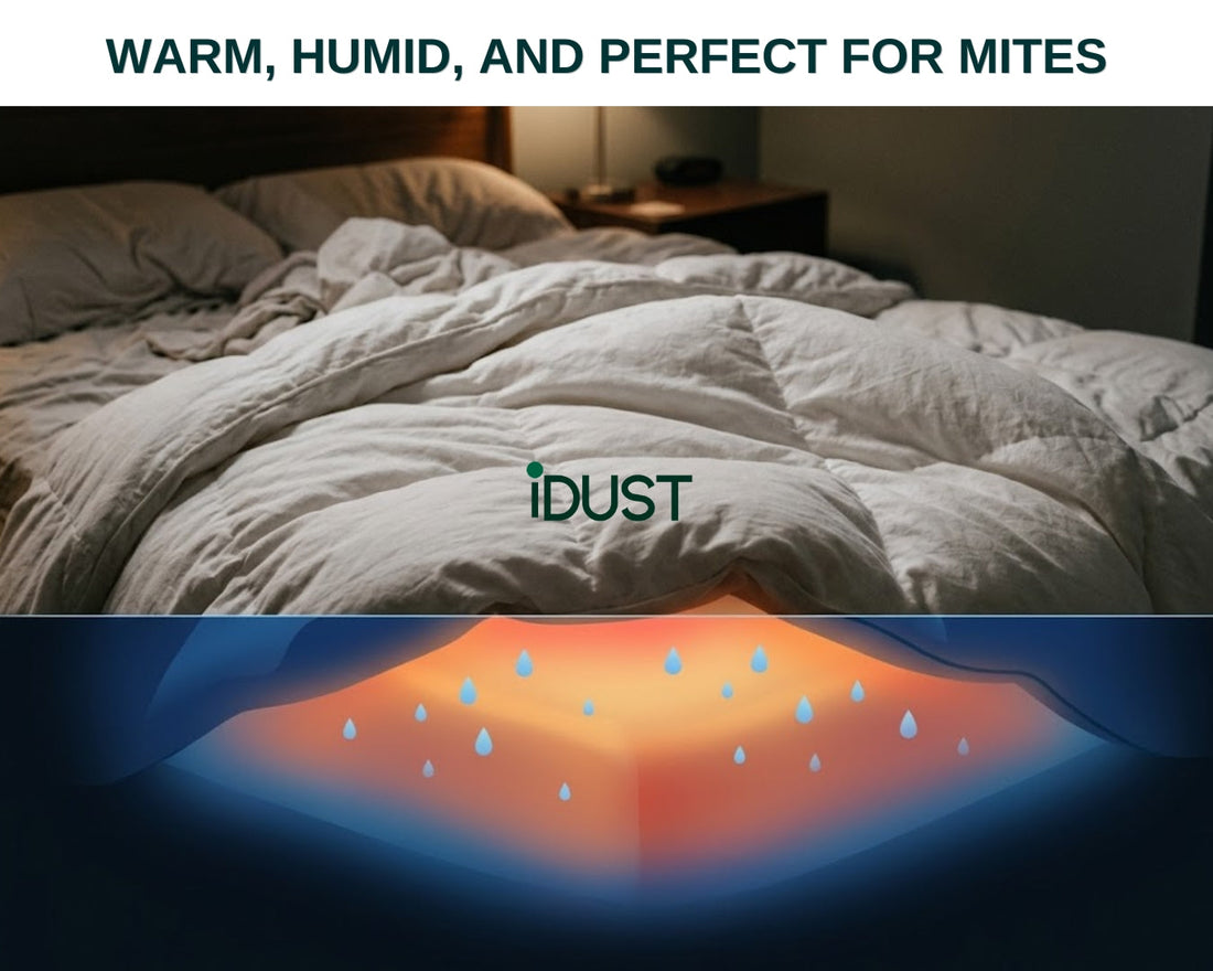 Thermal visualisation of trapped body heat and moisture under a duvet creating ideal dust mite conditions