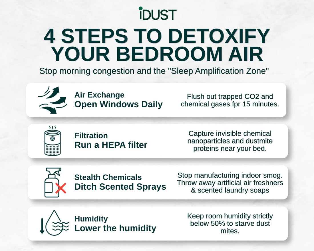 An infographic detailing four steps to detoxify indoor air and relieve morning allergies, including opening windows for air exchange, using a HEPA filter, eliminating scented stealth chemicals, and lowering bedroom humidity.