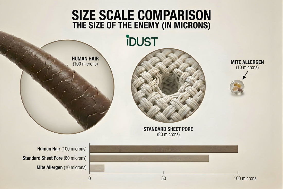 A size comparison chart showing that a 10-micron dust mite allergen is significantly smaller than the 80-micron gaps found in standard cotton bed sheets
