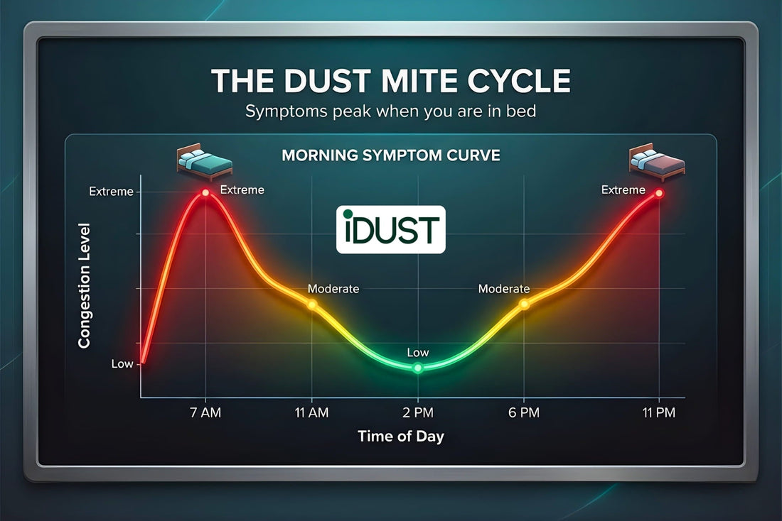 Graph showing dust mite allergy symptoms peaking at 7 AM and 11 PM due to mattress exposure.