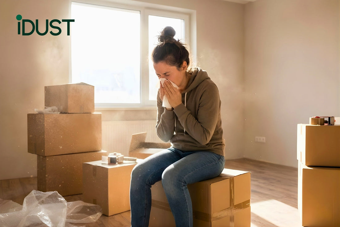 Person surrounded by moving boxes sneezing, with visible dust motes floating in a sunbeam, illustrating a new house allergy flare-up.