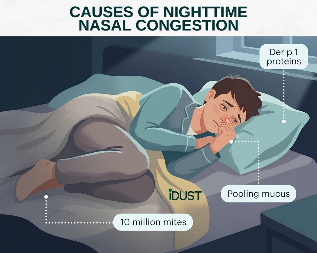 Teenager suffering from nighttime allergy symptoms and postnasal drip lying down in bed, with dust mite allergen hotspots highlighted on mattress and pillow
