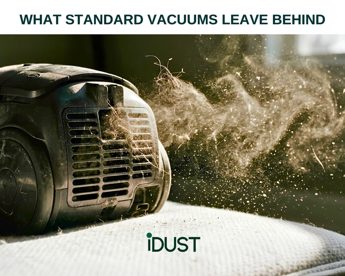 Non-HEPA vacuum on a mattress releasing a cloud of dust mite allergens into a sunbeam