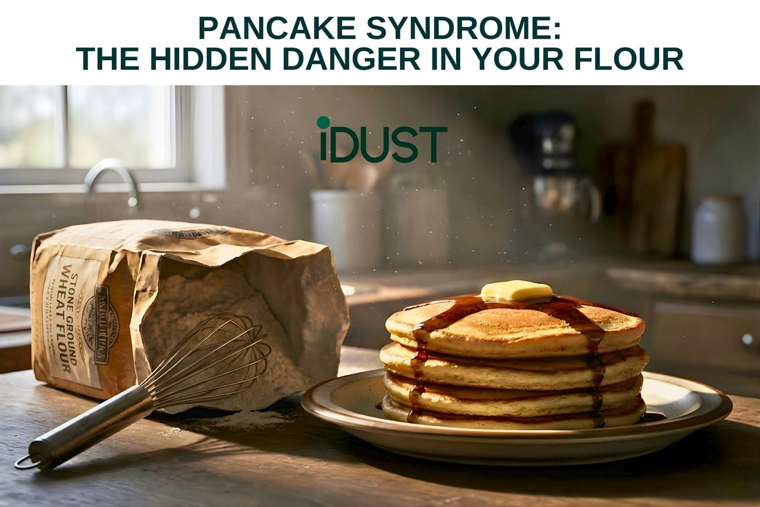A stack of pancakes and an open bag of flour, illustrating the common breakfast foods associated with Pancake Syndrome (Oral Mite Anaphylaxis).