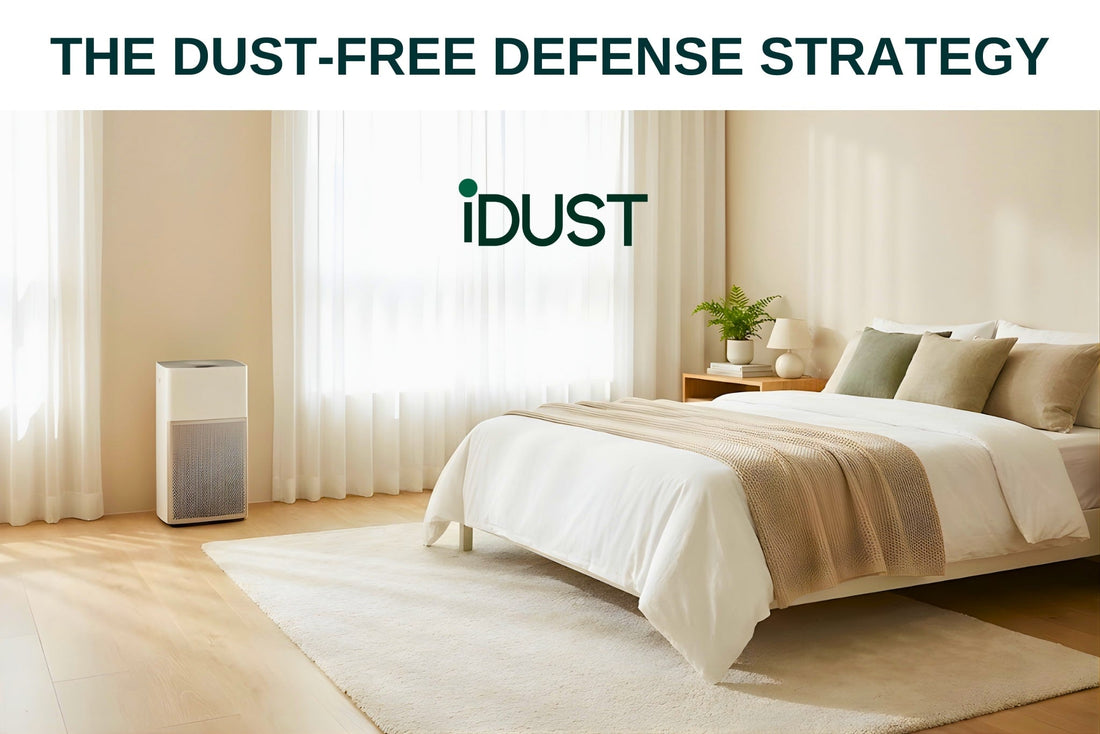 A clean, minimalist hypoallergenic bedroom designed for natural dust allergy defense.