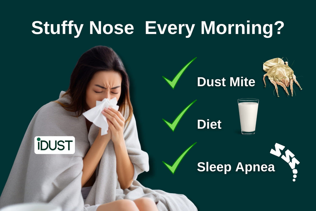 Person waking up with a blocked nose in the morning caused by dust mite allergens in the pillow.