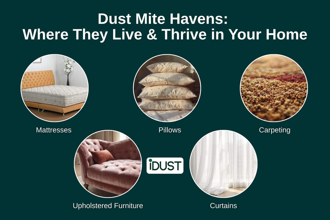 An illustration showing the common habitats where dust mites thrive, including mattresses, pillows, carpeting, and upholstered furniture, which trap moisture and skin cells