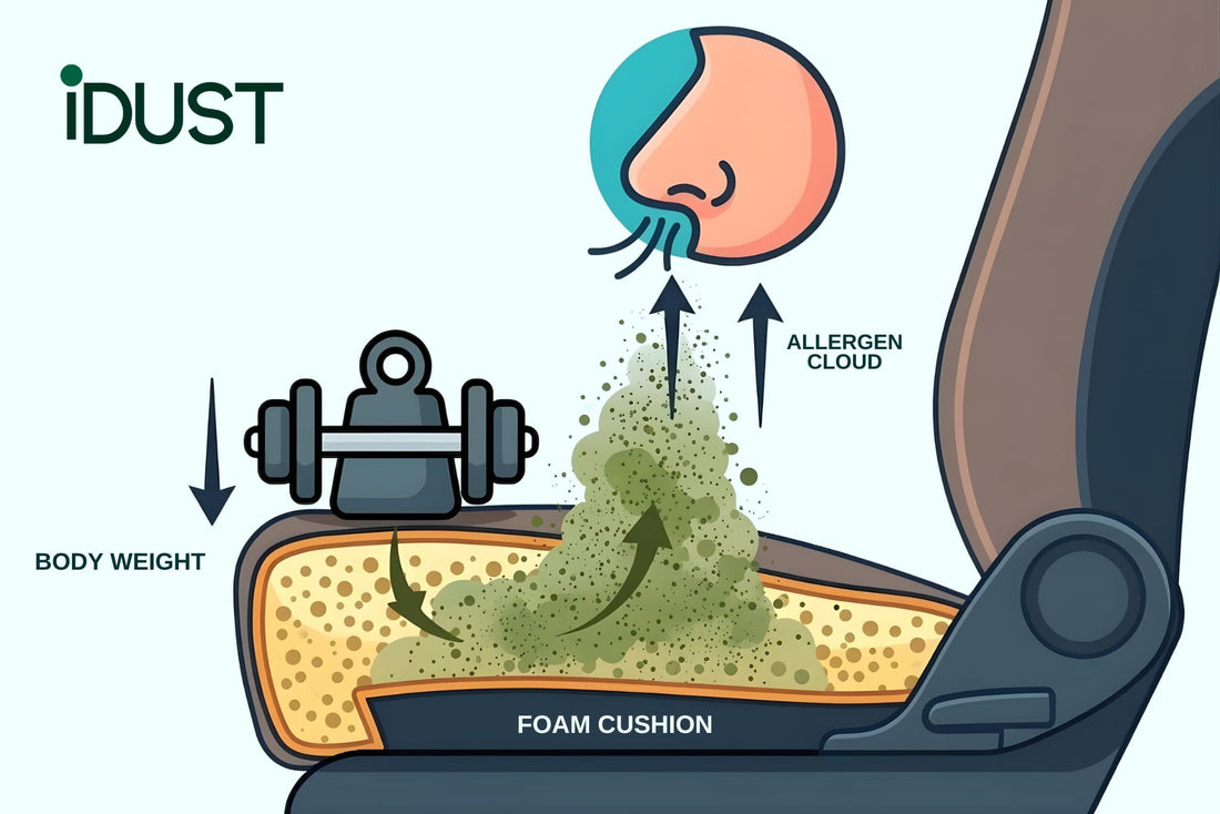 Diagram showing why sitting in your car seat causes allergies by pushing invisible dust and bugs into the air you breathe.