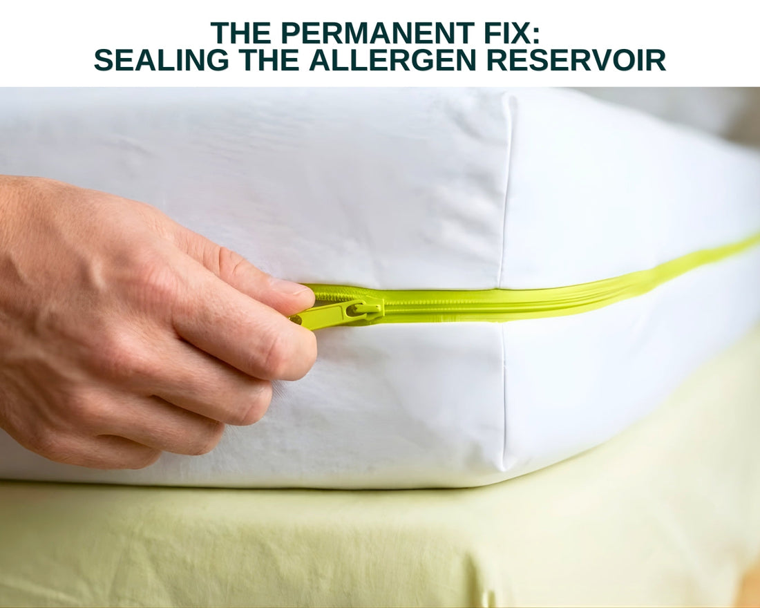Hand pulling the full-length zip on a fully sealed dust mite mattress protector fitted on a bed