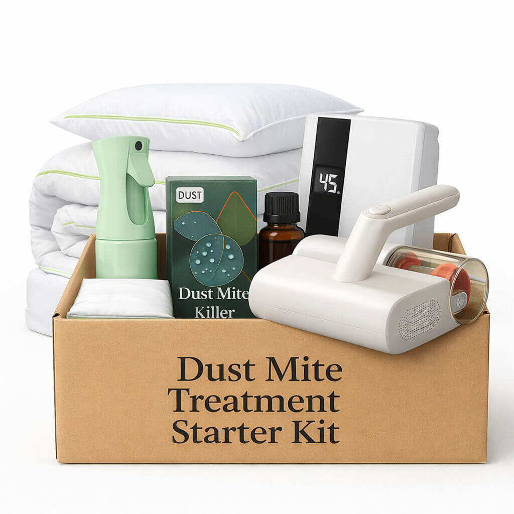 Complete Dust Mite Treatment Kit with Mattress Encasements, Allergy Spray, Vacuum, and Dehumidifier for Allergy Protection
