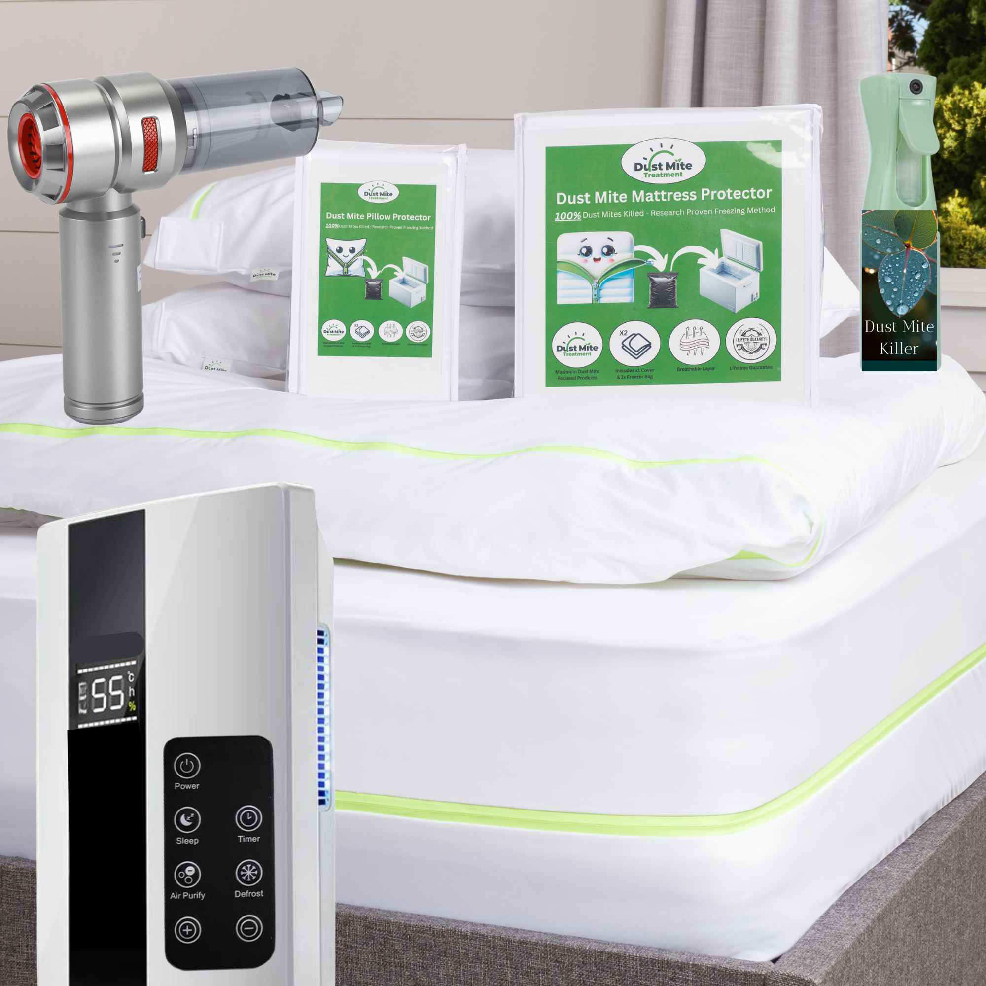 Complete range of dust mite allergy products including encasements, sprays, dehumidifiers, vacuums, and bedding for full protection