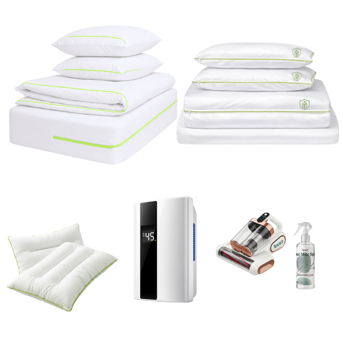 Whole Room Dust Mite Treatment Kit: mattress, duvet and pillow protectors, anti dust mite bedding set, dehumidifier, HEPA mattress vacuum, dust mite spray and free pillows, laid out on white