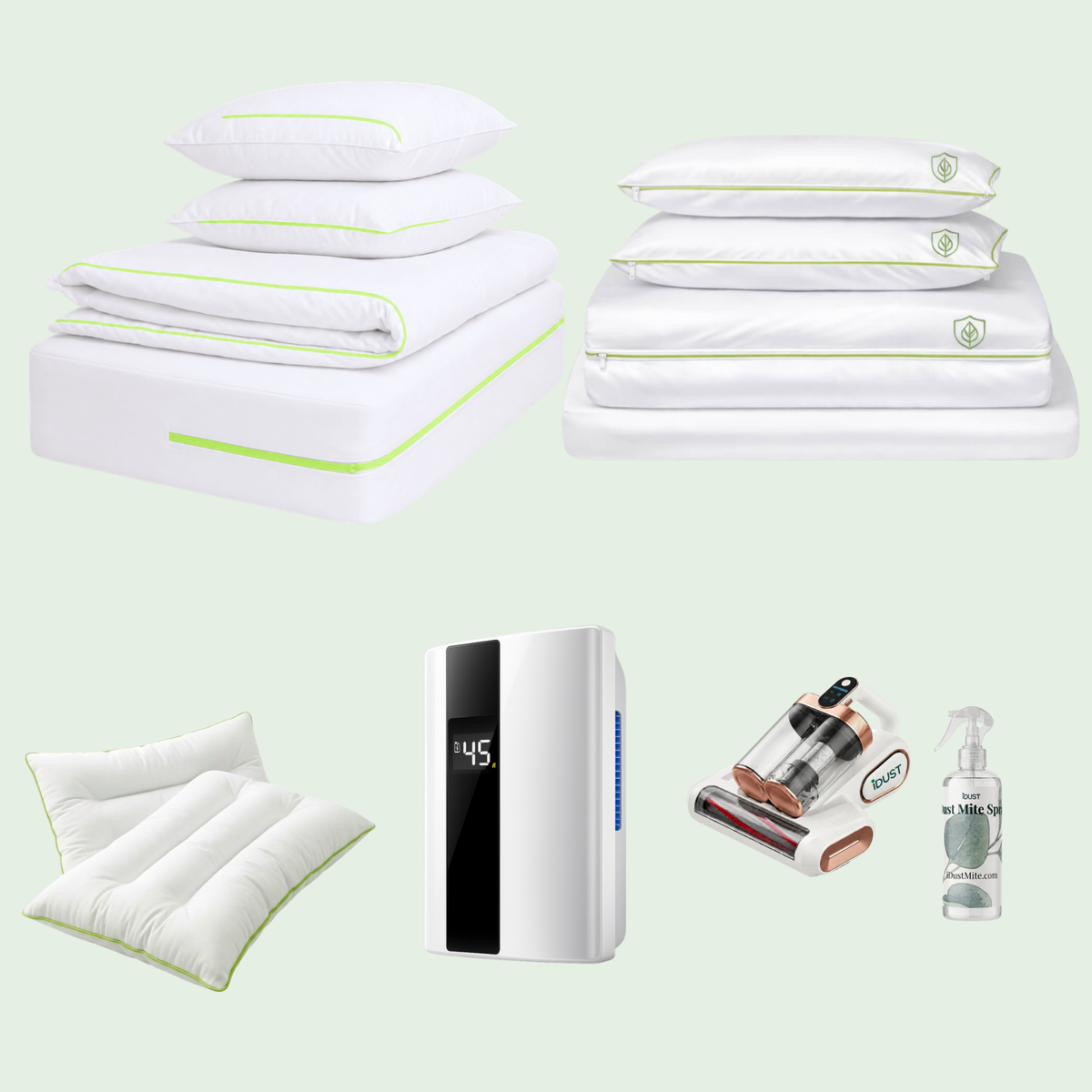 Whole Room Dust Mite Treatment Kit: mattress, duvet and pillow protectors, anti dust mite bedding set, dehumidifier, HEPA mattress vacuum, dust mite spray and free pillows