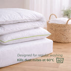 stack of anti dust mite bedding with advice to wash at 60 degrees to get rid of dust mites