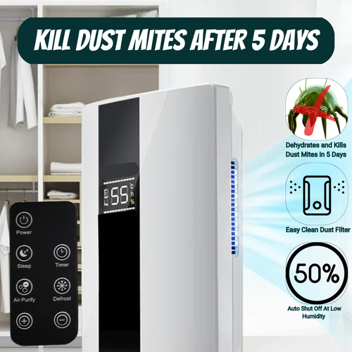 Sleek white dehumidifier with humidity display, designed to reduce bedroom humidity and eliminate dust mites for allergy relief