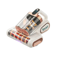 A handheld vacuum cleaner with a white and rose gold body, featuring a transparent dust container, a digital display on top, and glowing orange and red internal light elements, shown on a solid white background.
