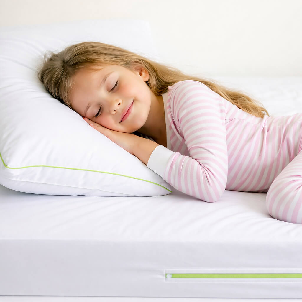 Child sleeping on a white idustmite pillow and a dust mite proof mattress encasement