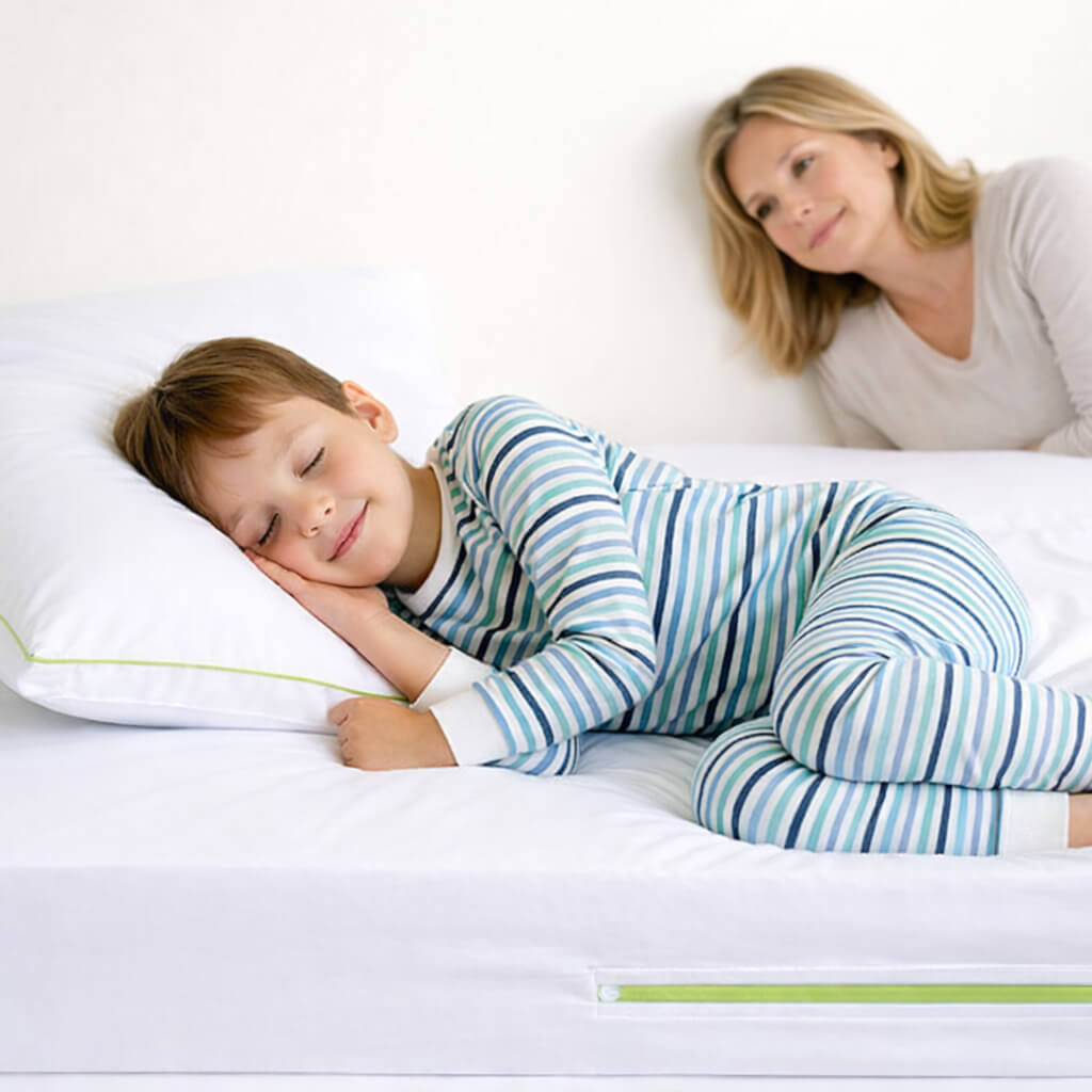 child sleeping on a dust mite proof pillow and mattress protector 