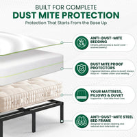 Mattress with dust mite protection system and text highlighting features on a white background. features a anti dust mite steel bed frame. anti allergy mattress, dust mite proof protectors and anti dust mite bedding

