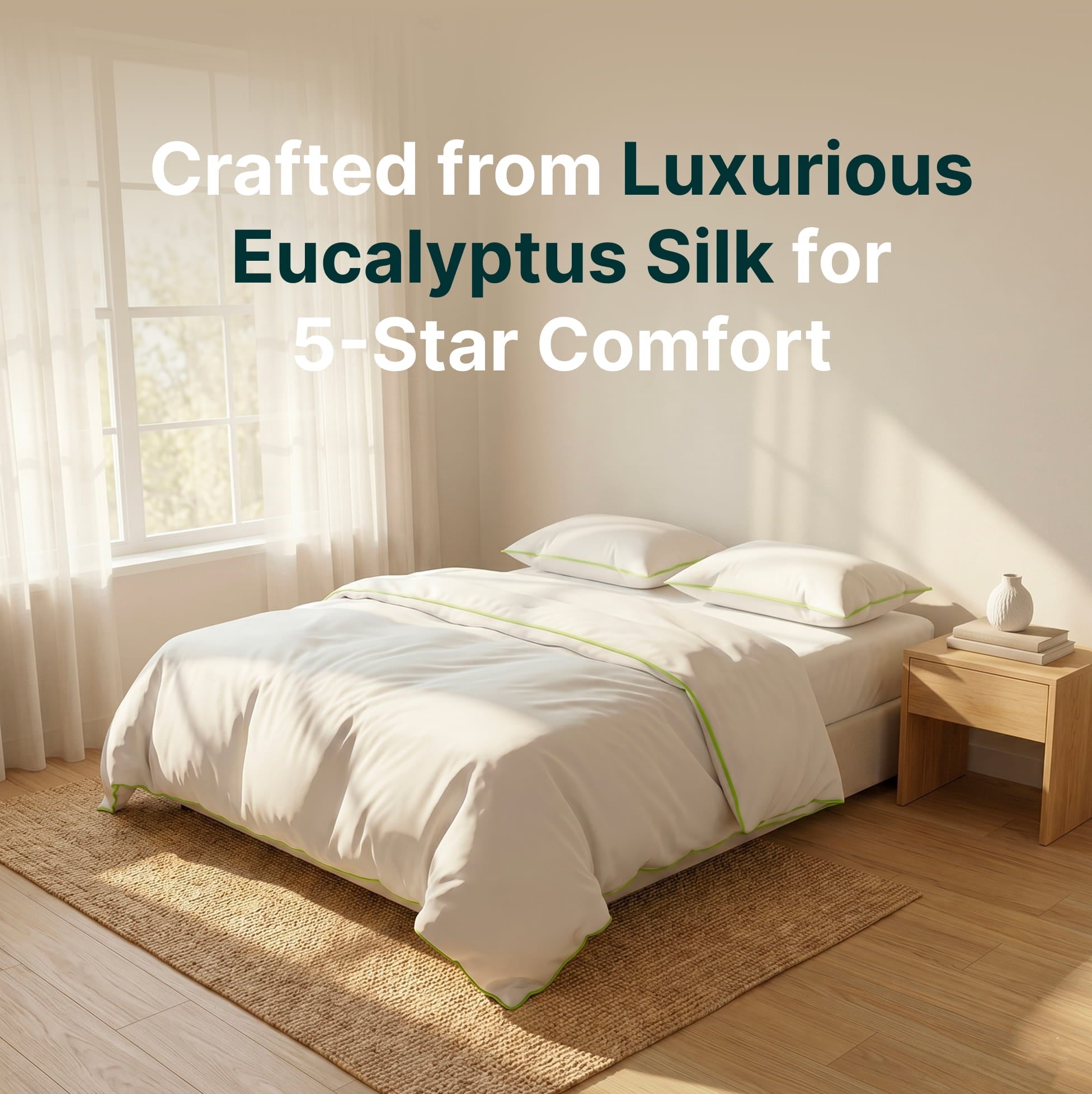 Bedroom with white bedding and text about luxurious eucalyptus silk comfort
