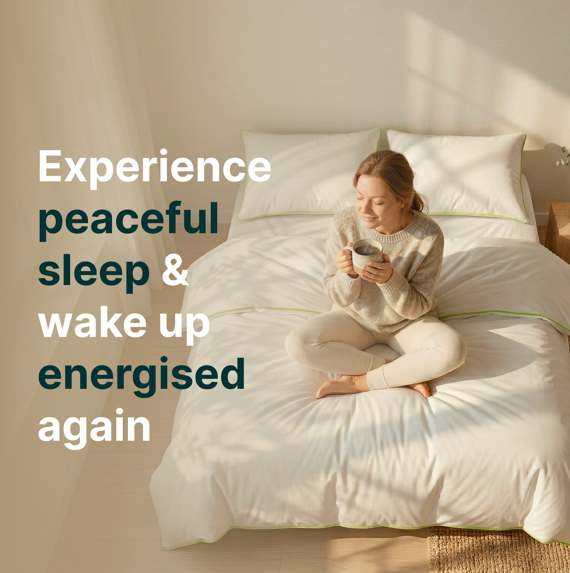 Woman sitting on a bed holding a mug with text about peaceful sleep and energy revival.