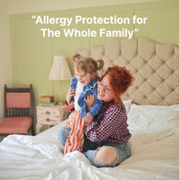Woman holding a child on a bed with text 'Allergy Protection for The Whole Family' above.